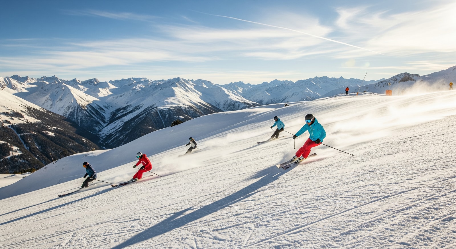 Skiers on pristine slopes at Grandvalira ski resort with panoramic Pyrenees mountain views