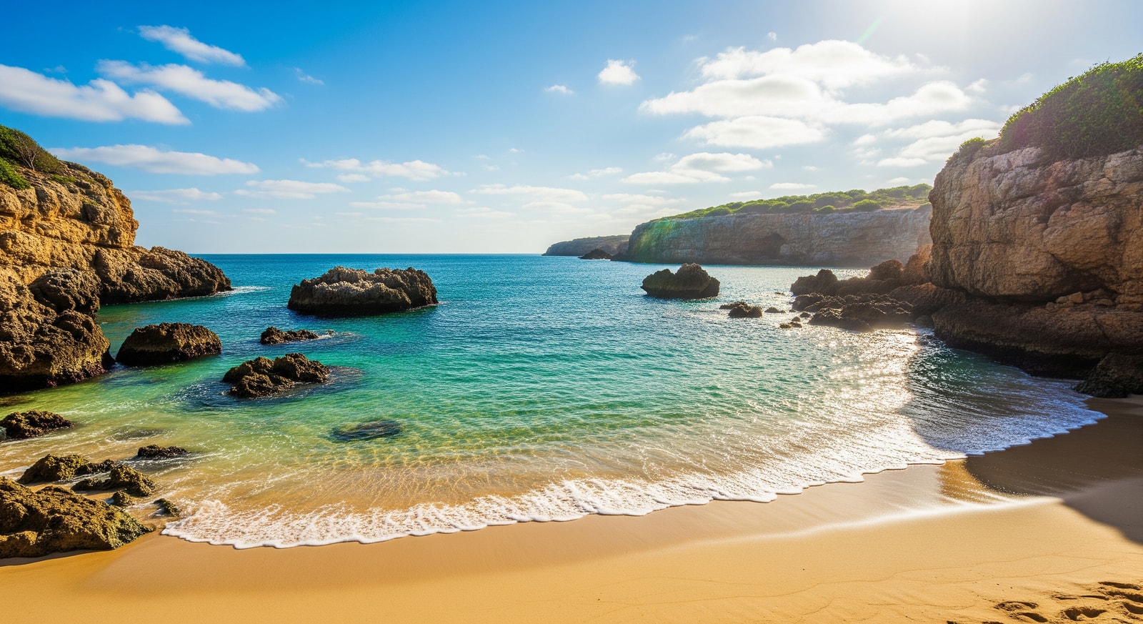 Pristine beach along Angola's Atlantic coast near Benguela with rocky outcrops and crystal-clear waters