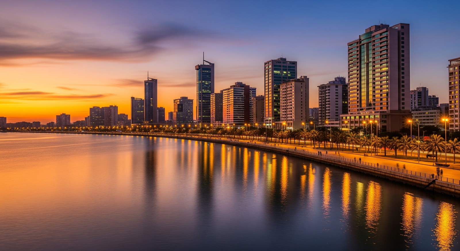 Modern Luanda skyline with high-rise buildings along the Marginal promenade and the Bay of Luanda