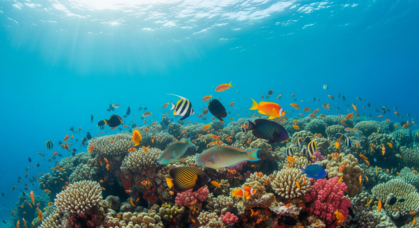 Vibrant coral reef with tropical fish in the crystal-clear waters surrounding Anguilla