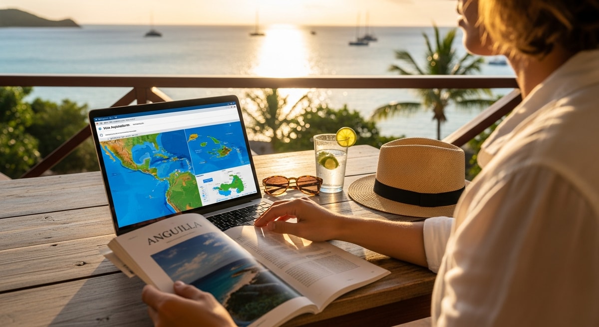 Traveler using laptop to apply for Anguilla visa while planning Caribbean getaway