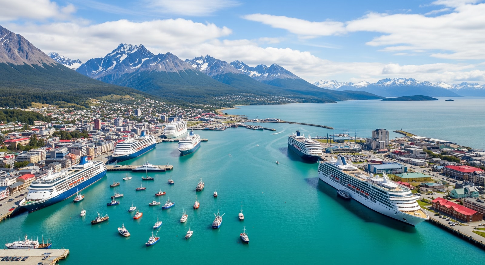 Aerial view of Ushuaia harbor with cruise ships and Martial Mountains