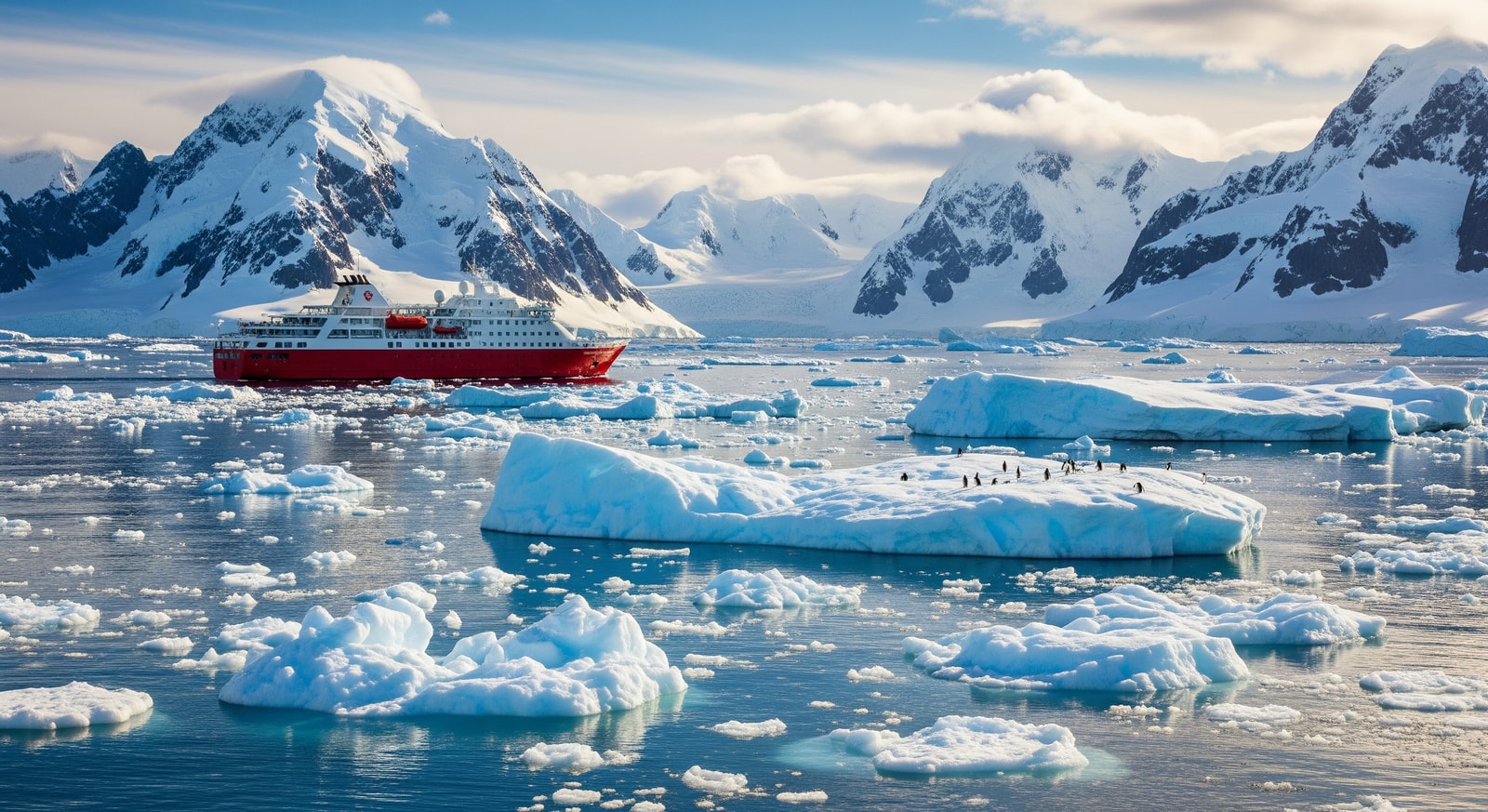 Expedition cruise ship navigating through Antarctic ice floes near the peninsula