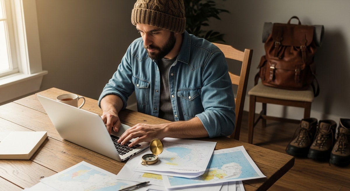 Traveler preparing Antarctic expedition documents on laptop