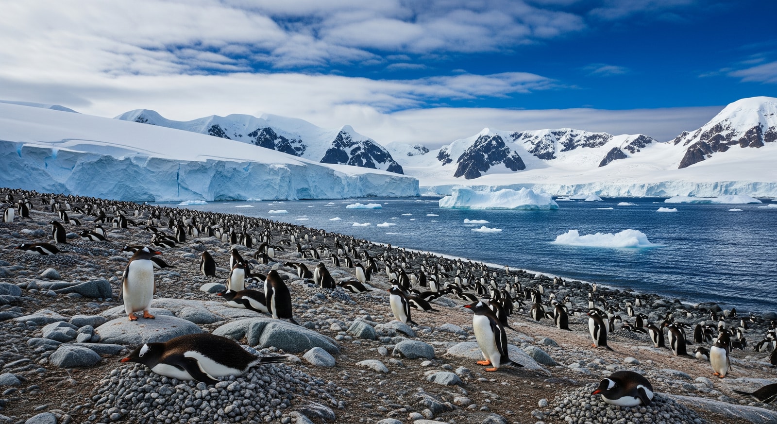 Colony of gentoo penguins on rocky Antarctic beach with glaciers behind
