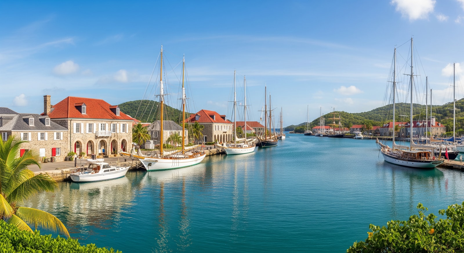 Historic Nelson's Dockyard with restored Georgian buildings and sailing yachts in English Harbour