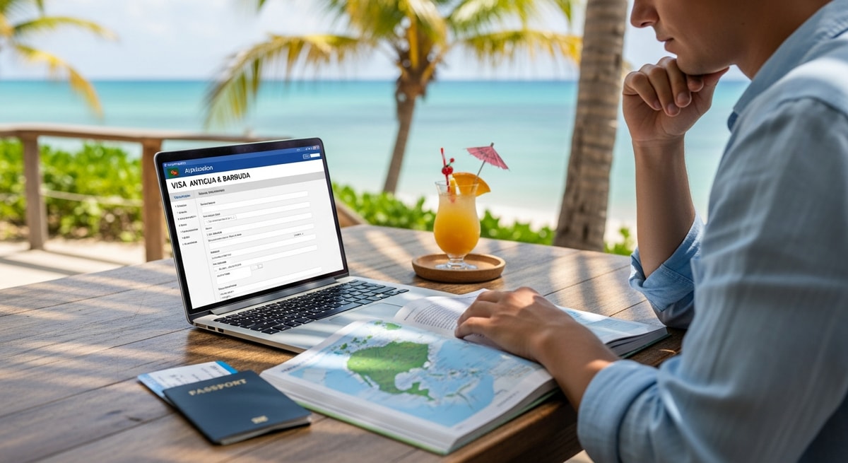 Traveler using laptop to apply for Antigua and Barbuda visa while planning Caribbean vacation