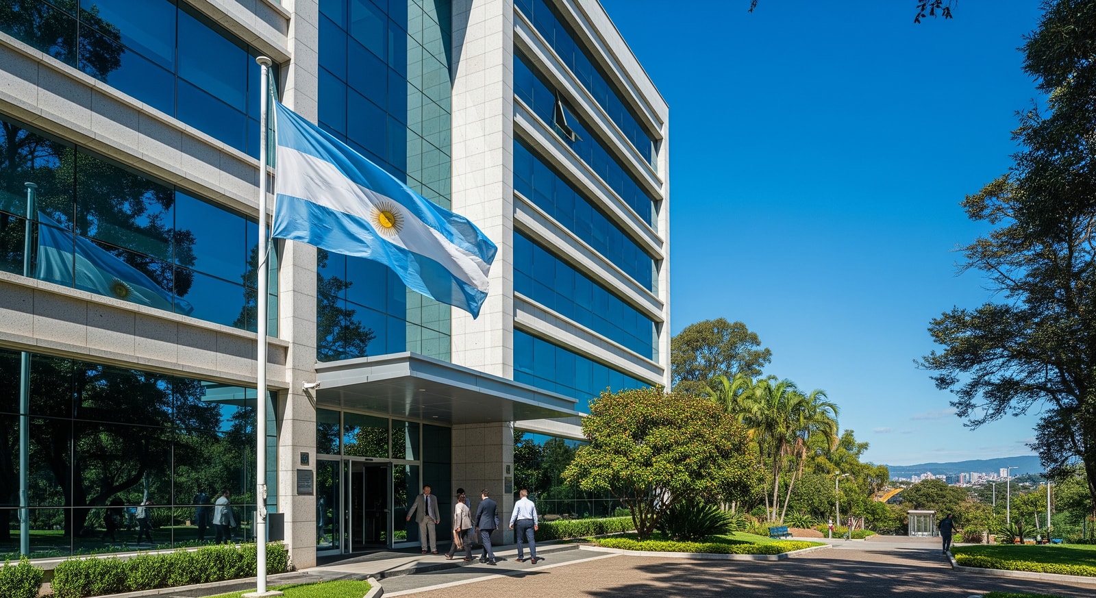 Modern Argentine consulate building exterior with national flag and people entering for appointments