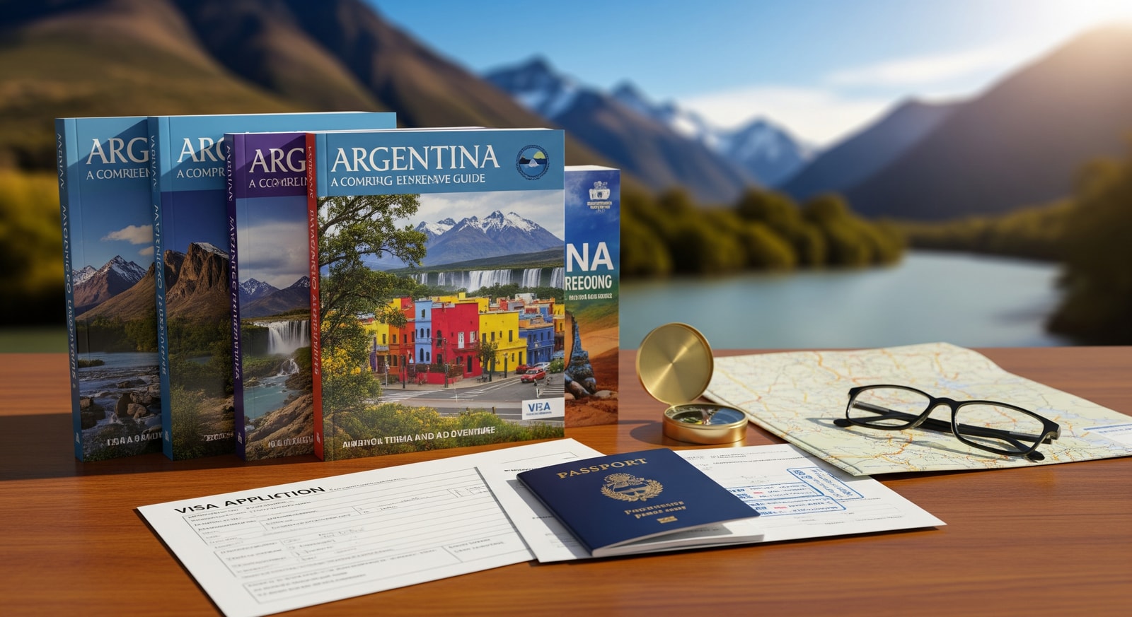 Organized travel documents including passport, visa forms, and Argentina travel guides on a wooden desk