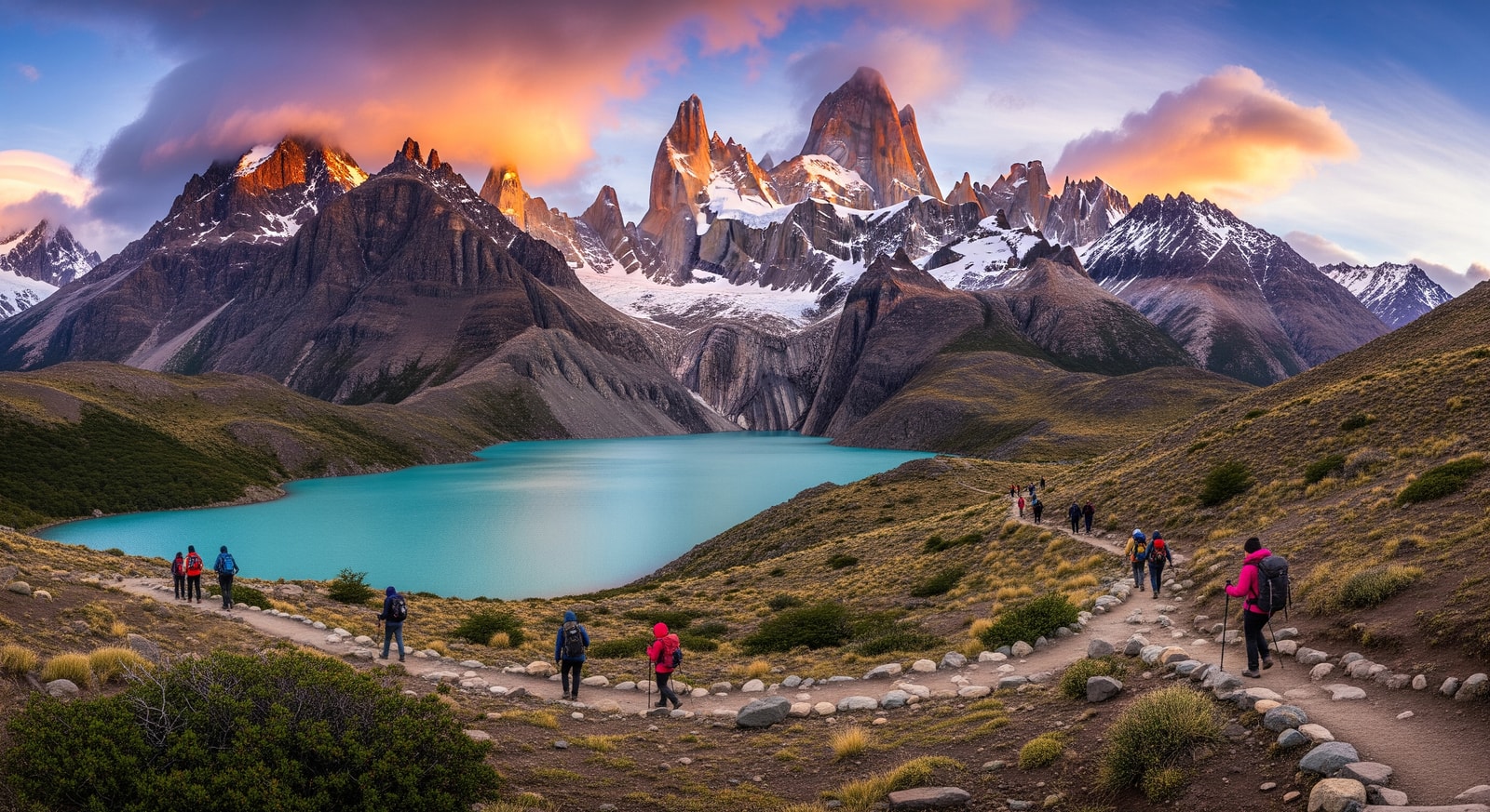 Dramatic Fitz Roy mountain peaks in Patagonia with hikers on a trail and turquoise glacial lake