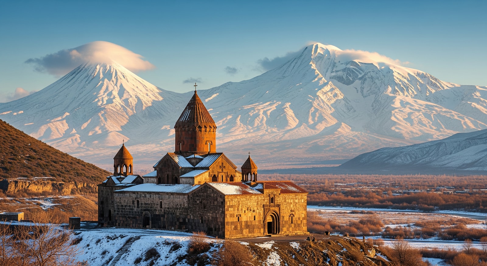 Khor Virap monastery with the snow-capped peak of Mount Ararat rising dramatically in the background