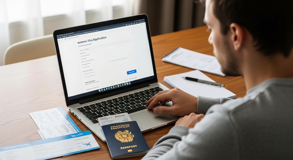 Traveler completing Armenia visa application online with passport and travel documents nearby