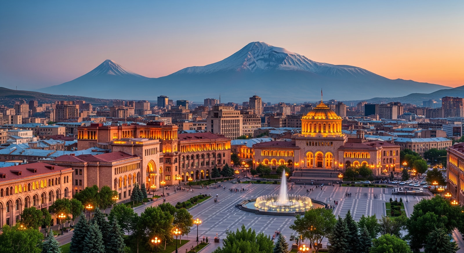 View of Yerevan city center with Republic Square and historic buildings against the backdrop of Mount Ararat