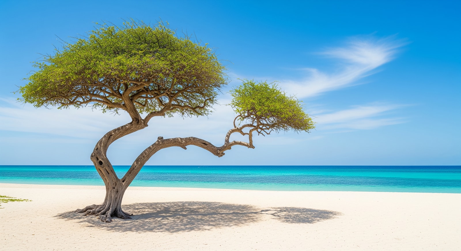Famous divi-divi tree on Eagle Beach with turquoise waters and white sand in Aruba