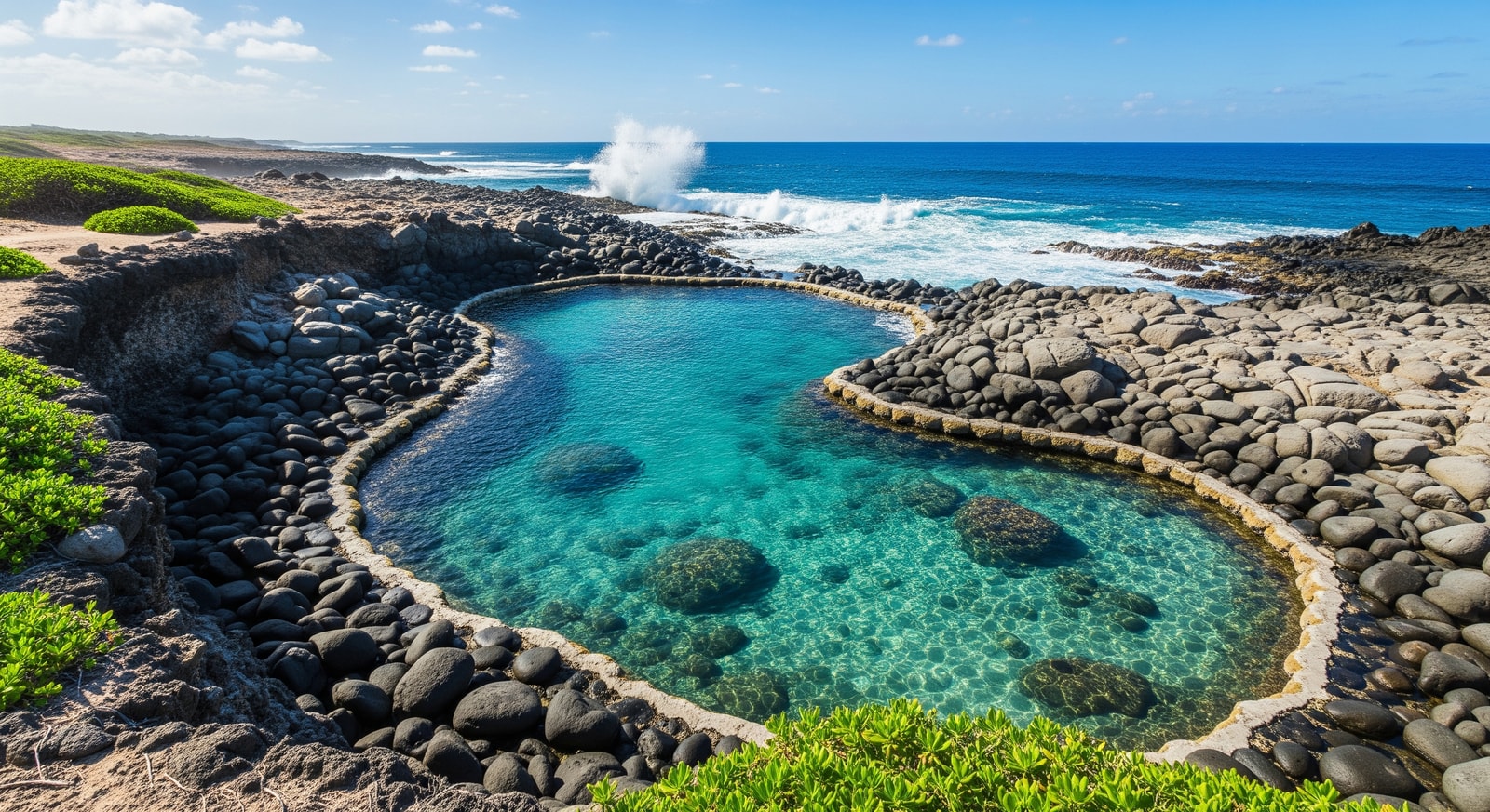 Crystal clear Natural Pool surrounded by volcanic rock formations on Aruba's coast