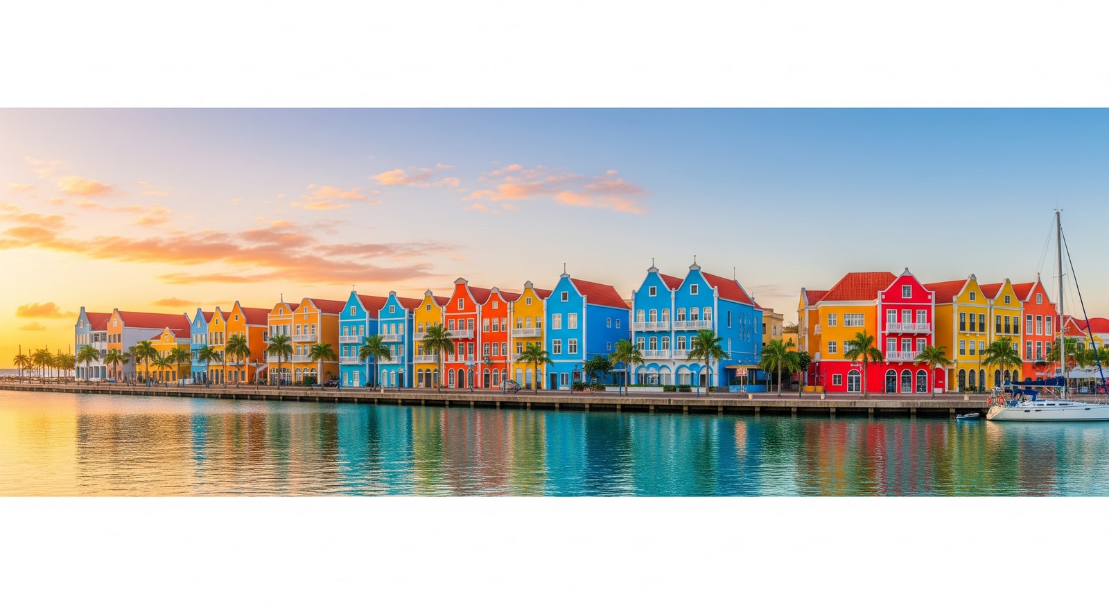 Colorful Dutch colonial buildings along the waterfront in Oranjestad, Aruba's capital city