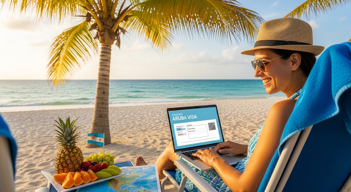 Happy traveler using laptop to apply for Aruba visa while planning Caribbean vacation