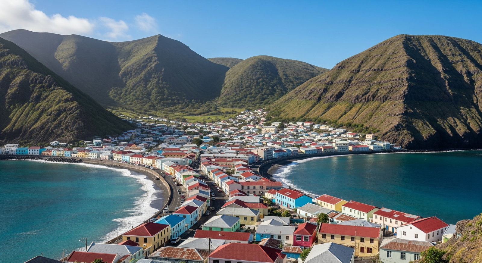 Georgetown settlement on Ascension Island with colorful buildings and volcanic hills