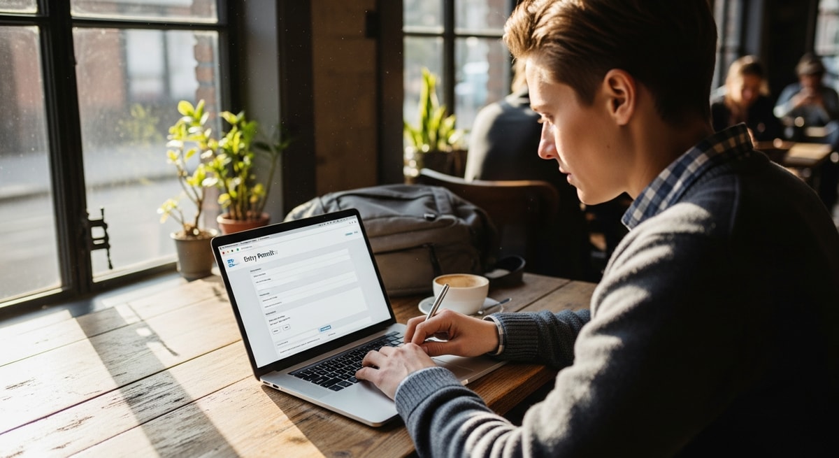 Traveler completing entry permit application on laptop