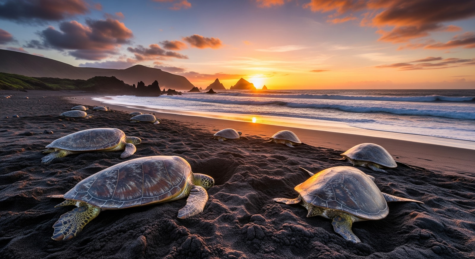 Green sea turtles nesting on the beaches of Ascension Island at sunset