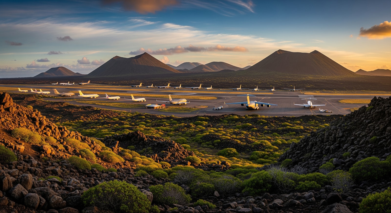Wideawake Airfield on Ascension Island with aircraft on volcanic terrain