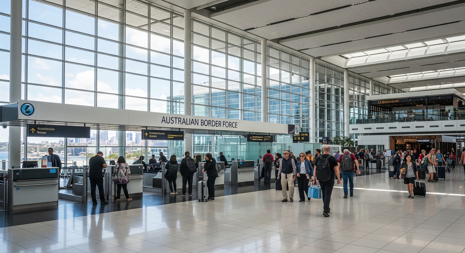 Modern Sydney International Airport terminal with travelers and Australian border control signage