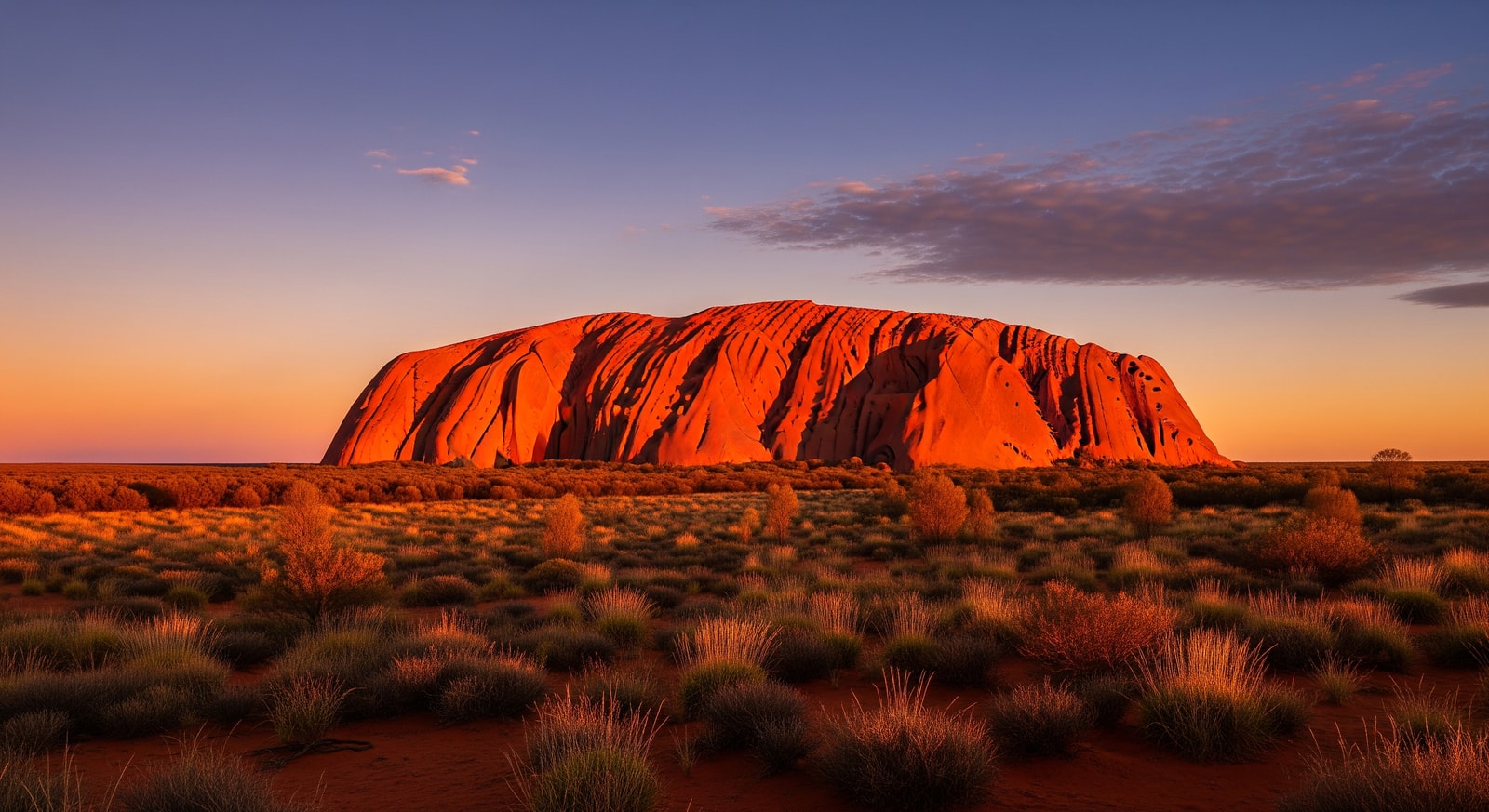 Uluru (Ayers Rock) glowing red at sunset with dramatic desert landscape