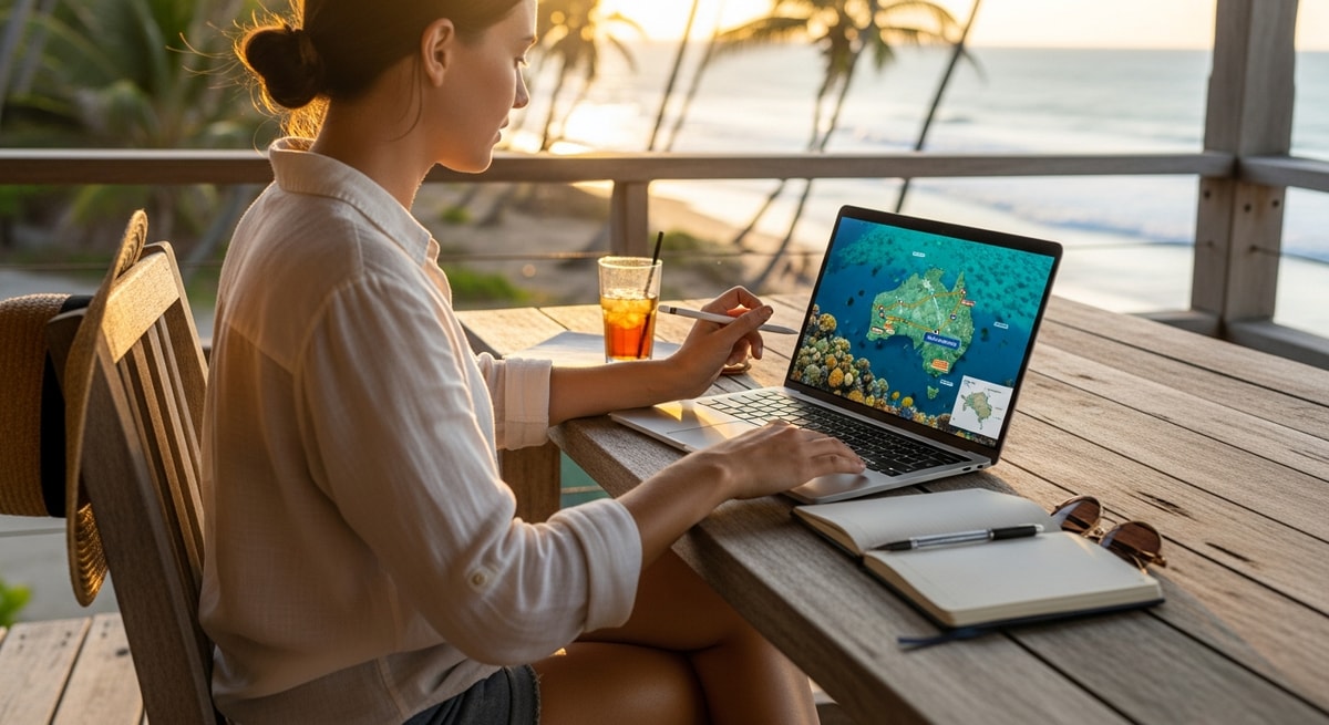 Traveler planning Australian adventure with laptop showing Great Barrier Reef imagery