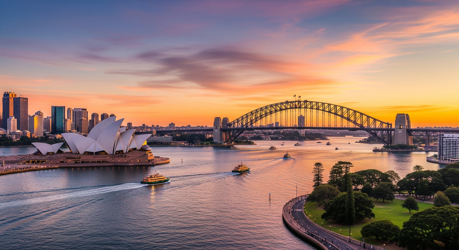 Panoramic view of Sydney Harbour with Opera House and Harbour Bridge at golden hour