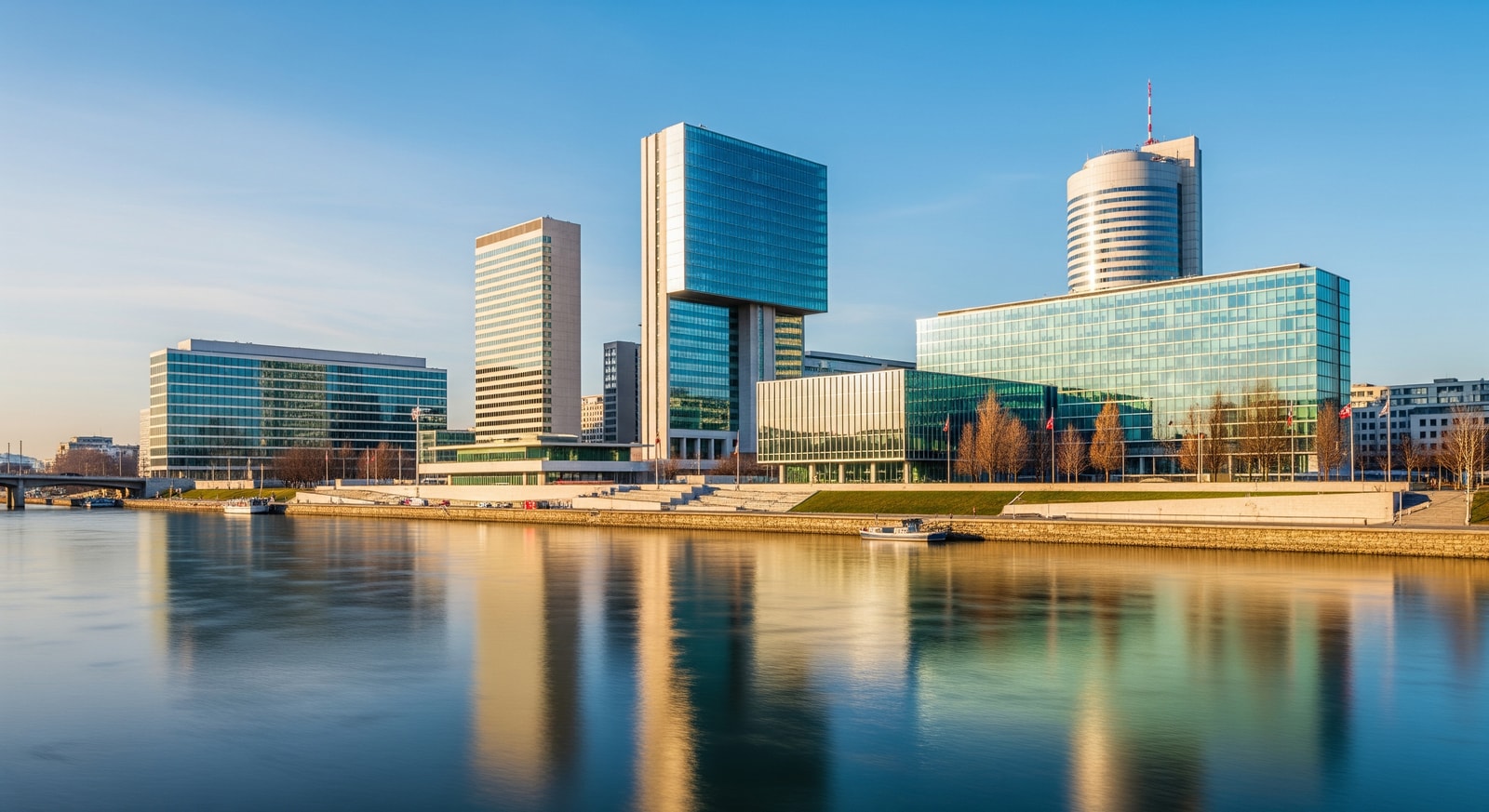 Modern Vienna International Centre with UN headquarters and corporate buildings along the Danube