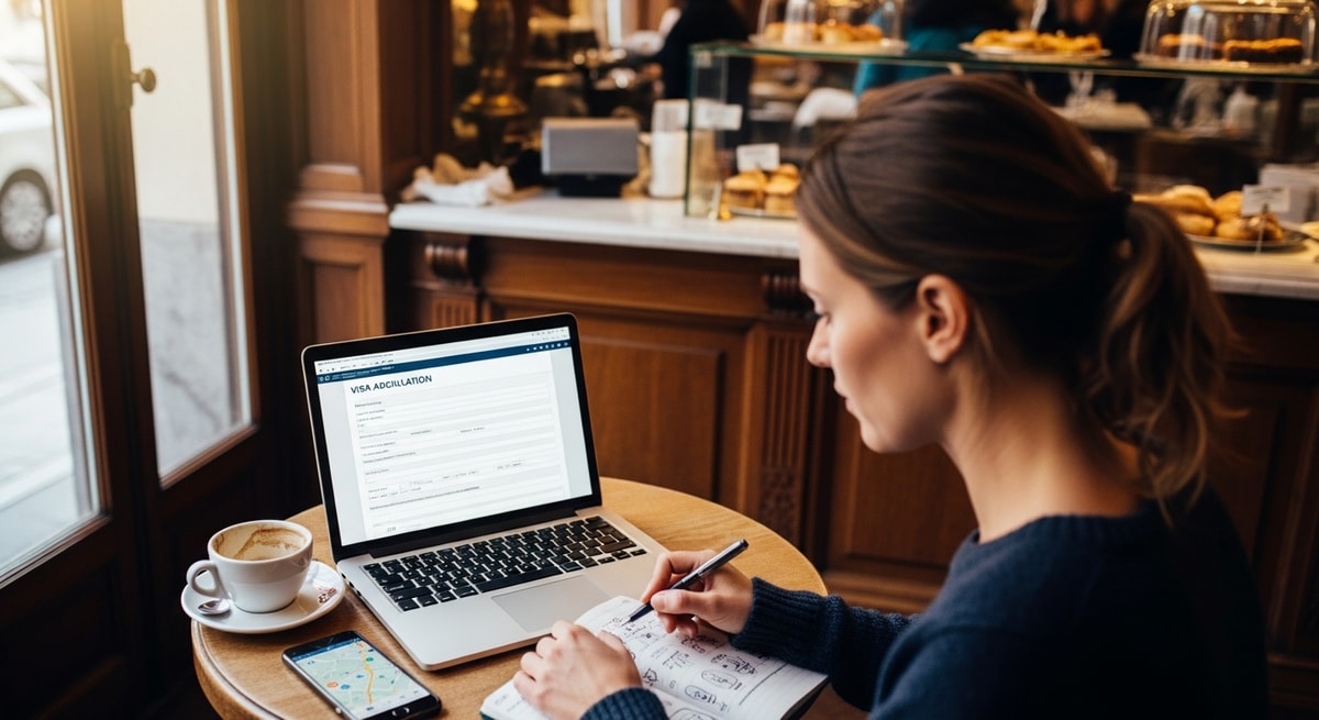 Traveler completing Austria visa application on laptop with coffee in a Viennese cafe