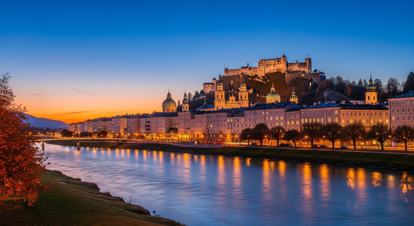 Salzburg's old town with Hohensalzburg Fortress on the hill and Salzach River at twilight