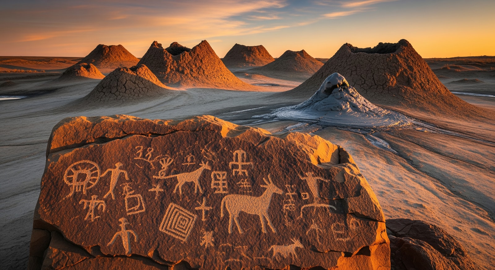 Ancient petroglyphs and mud volcanoes at Gobustan National Park UNESCO World Heritage Site