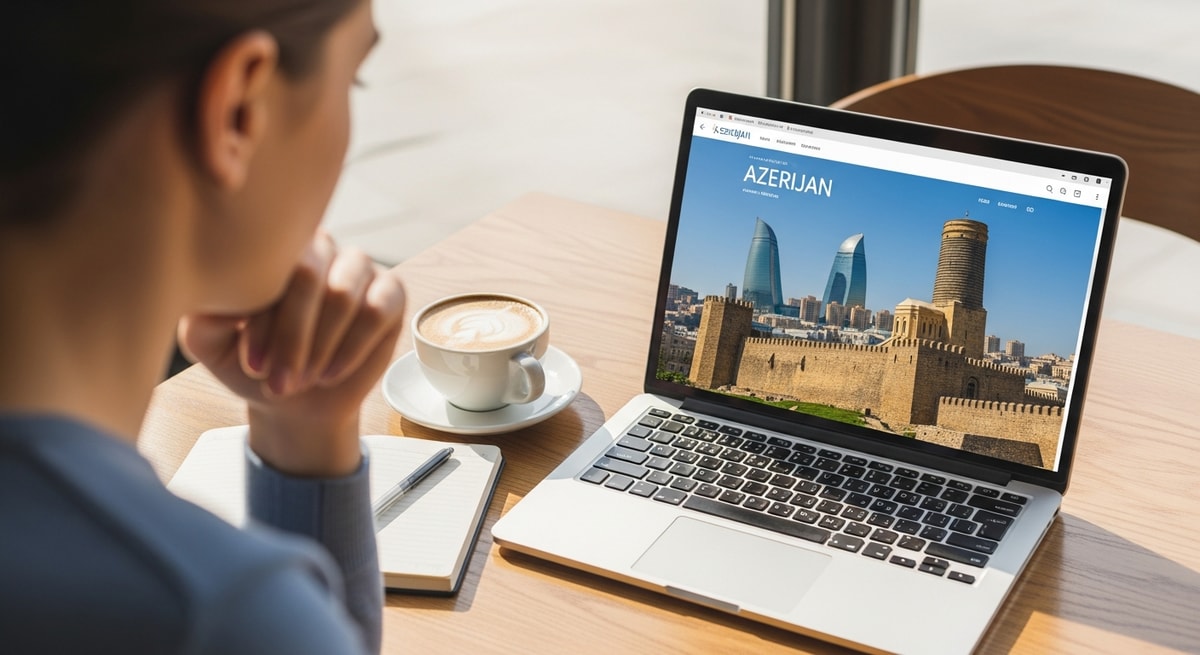 Traveler planning Azerbaijan trip with laptop showing Baku old city