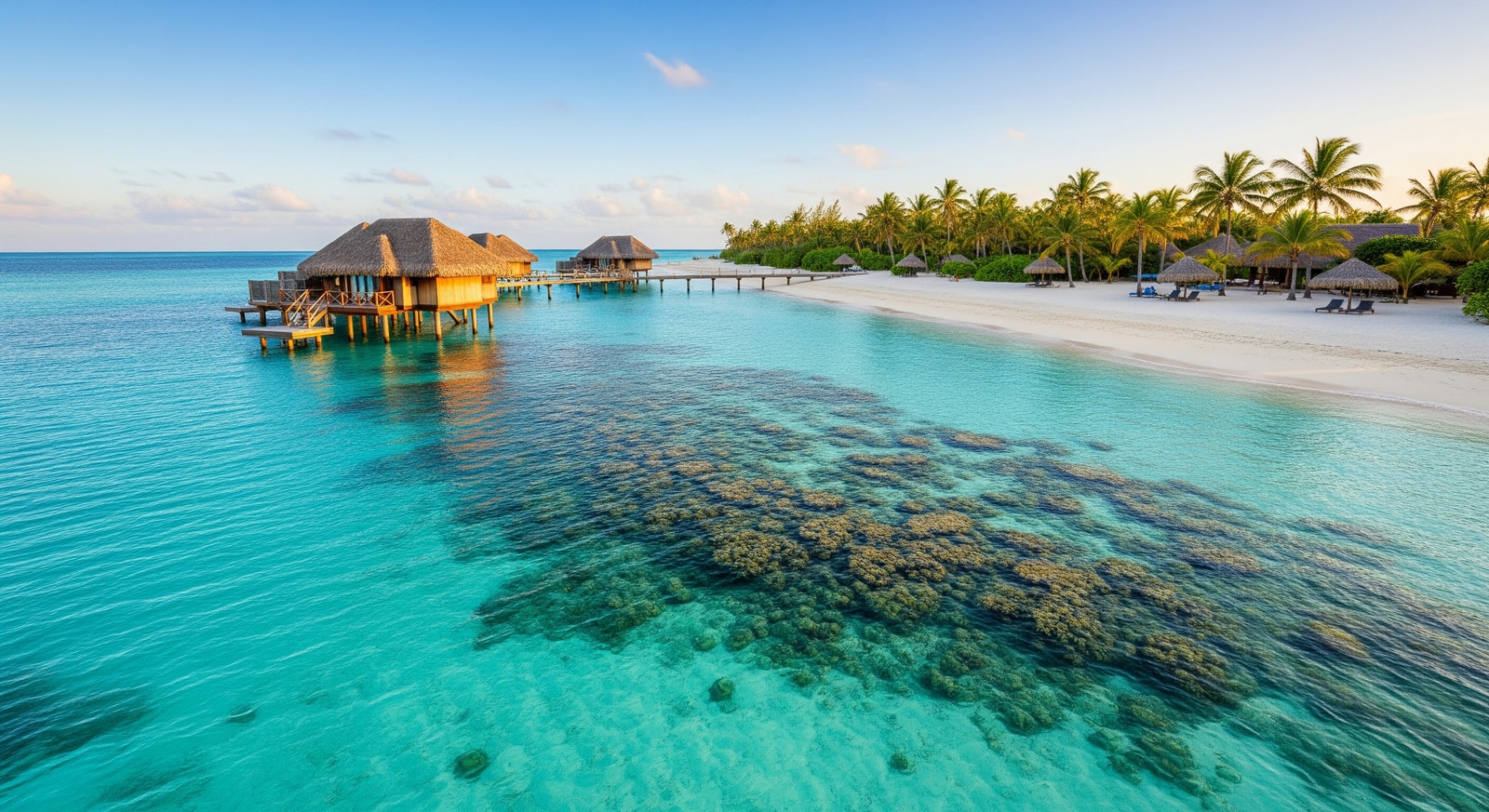 Tropical paradise beach scene with overwater bungalows and crystal clear water in the Bahamas