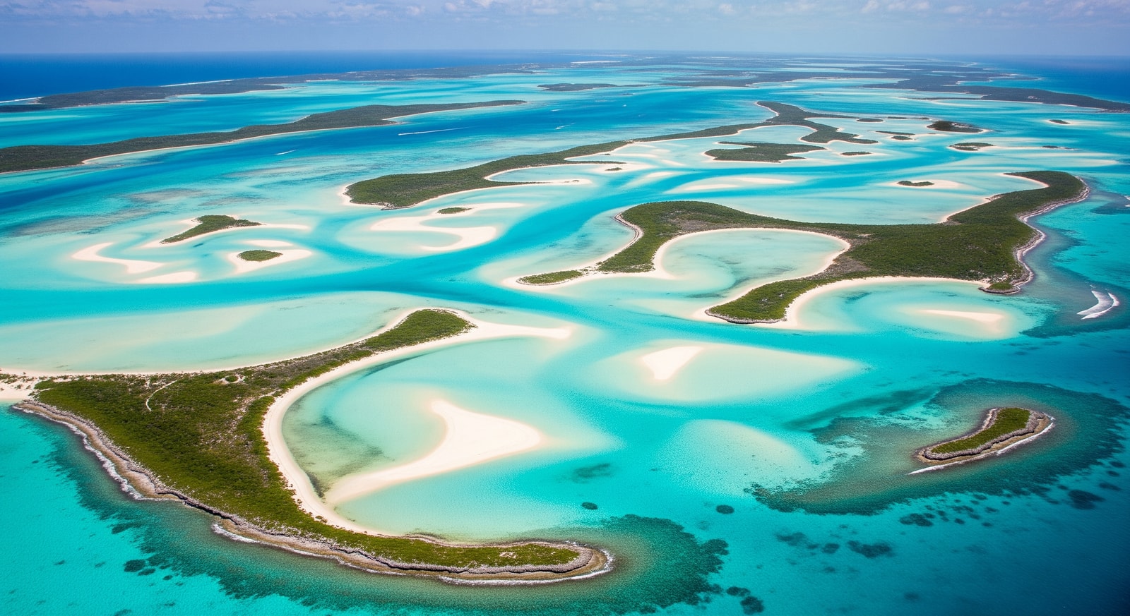 Aerial view of the stunning Exuma Cays showing crystal clear turquoise waters and white sand banks
