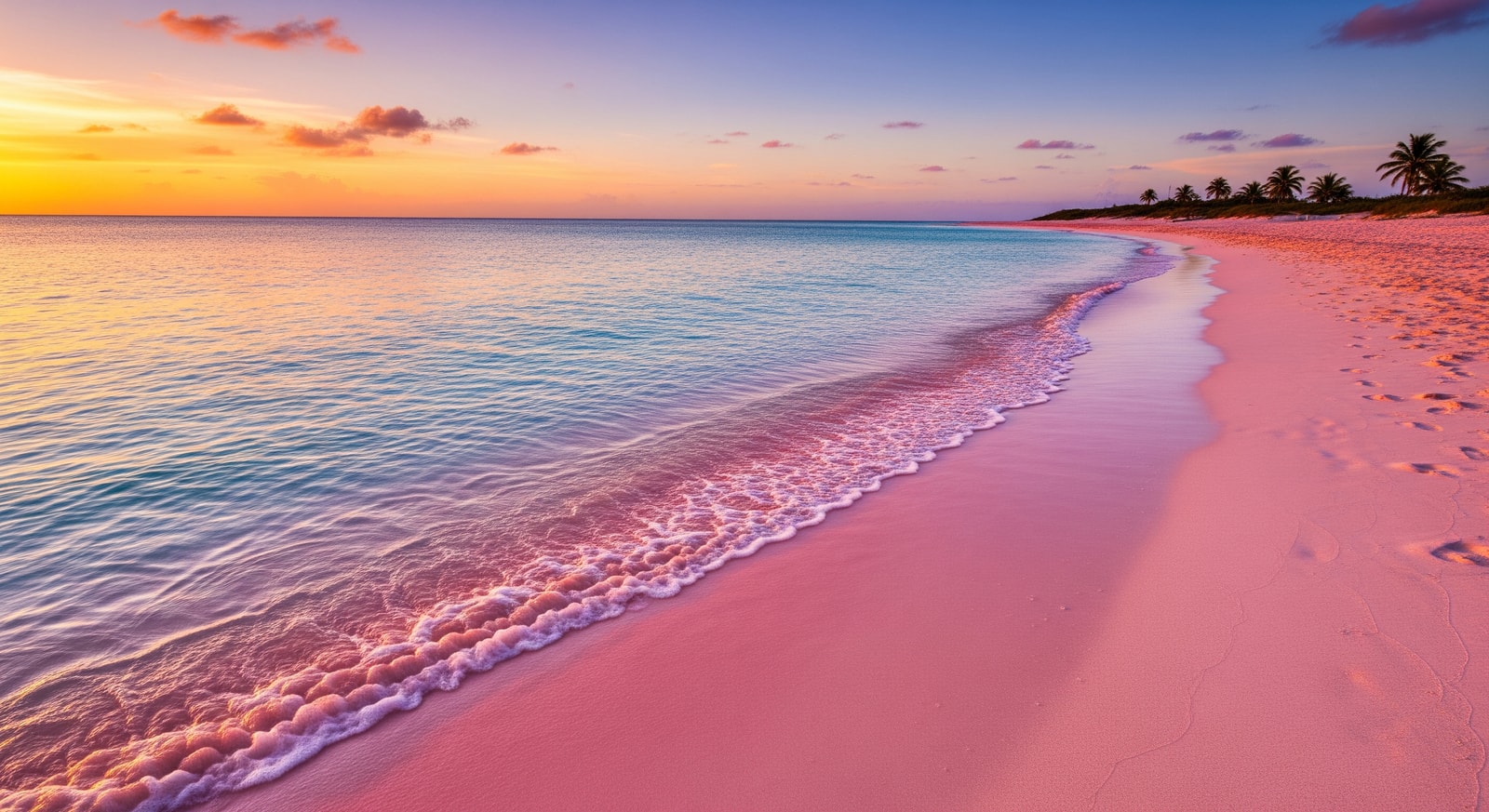 The famous pink sand beach of Harbour Island with gentle waves and clear shallow waters