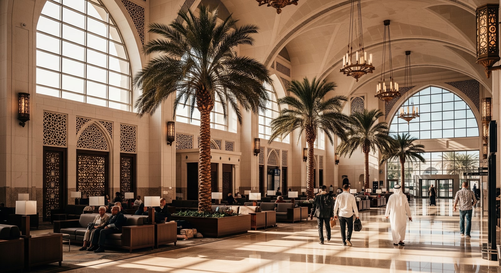 Modern Bahrain International Airport terminal interior with traditional Arabian design elements and palm trees