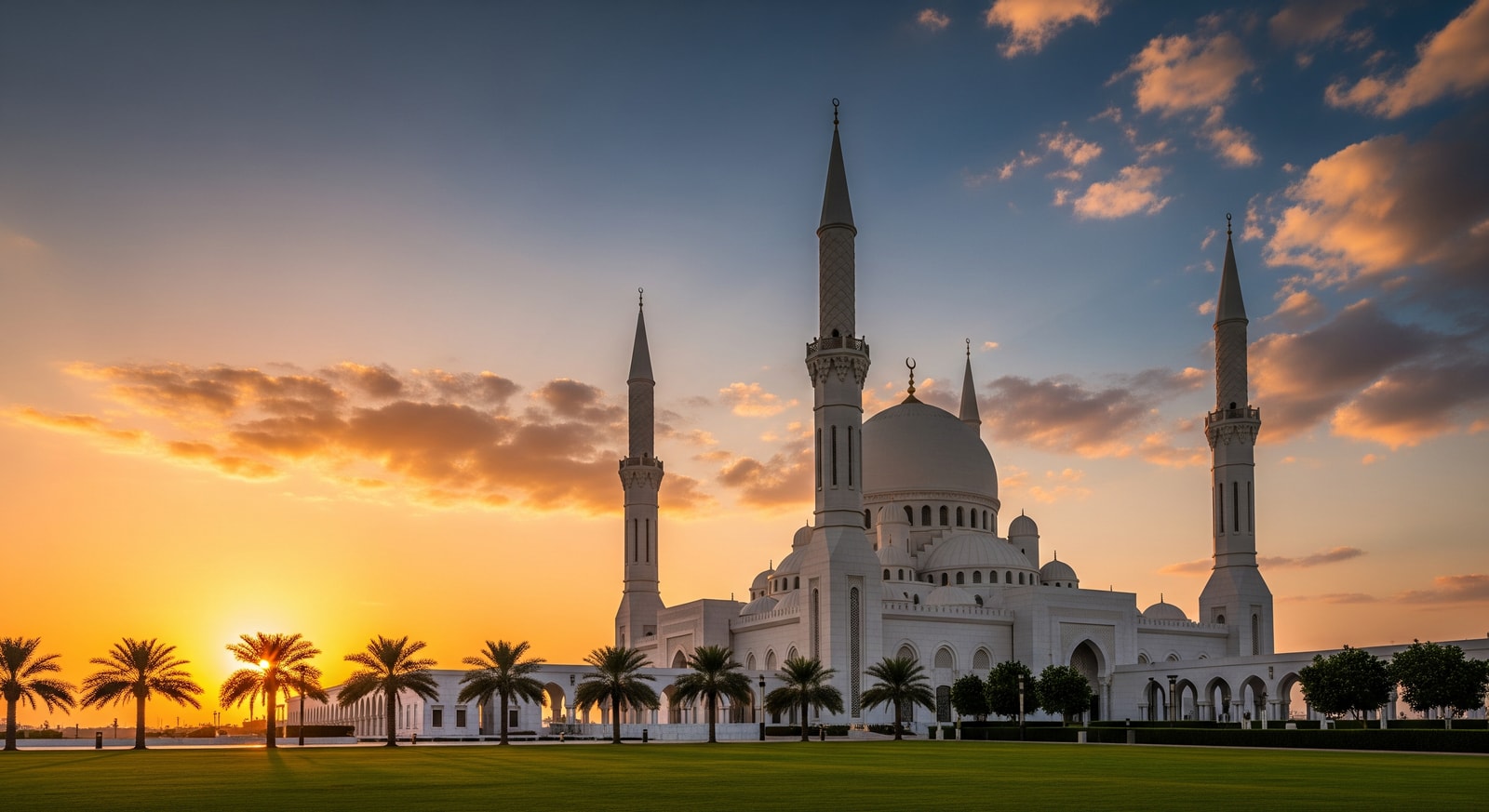 Al Fateh Grand Mosque with its massive fiberglass dome and elegant minarets during golden hour in Bahrain