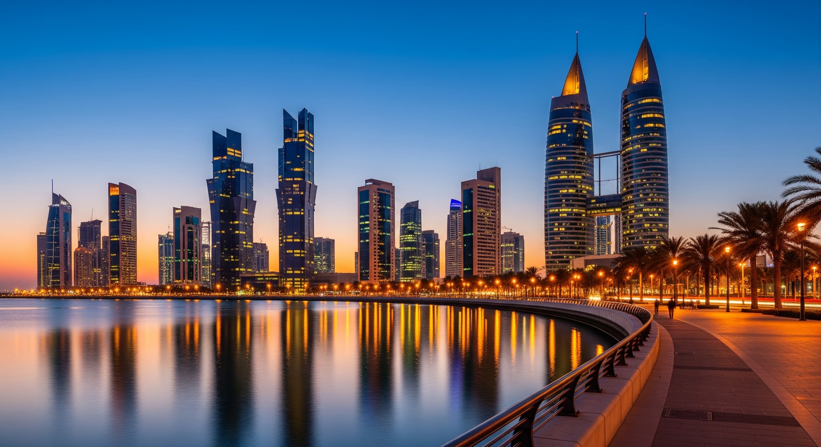 Bahrain Financial Harbour skyscrapers and waterfront promenade illuminated at twilight in Manama