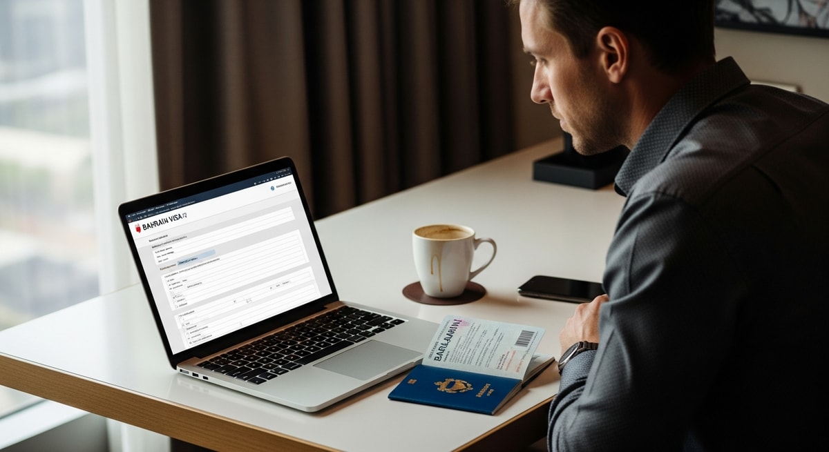 Business traveler completing Bahrain visa application on laptop with coffee and passport nearby