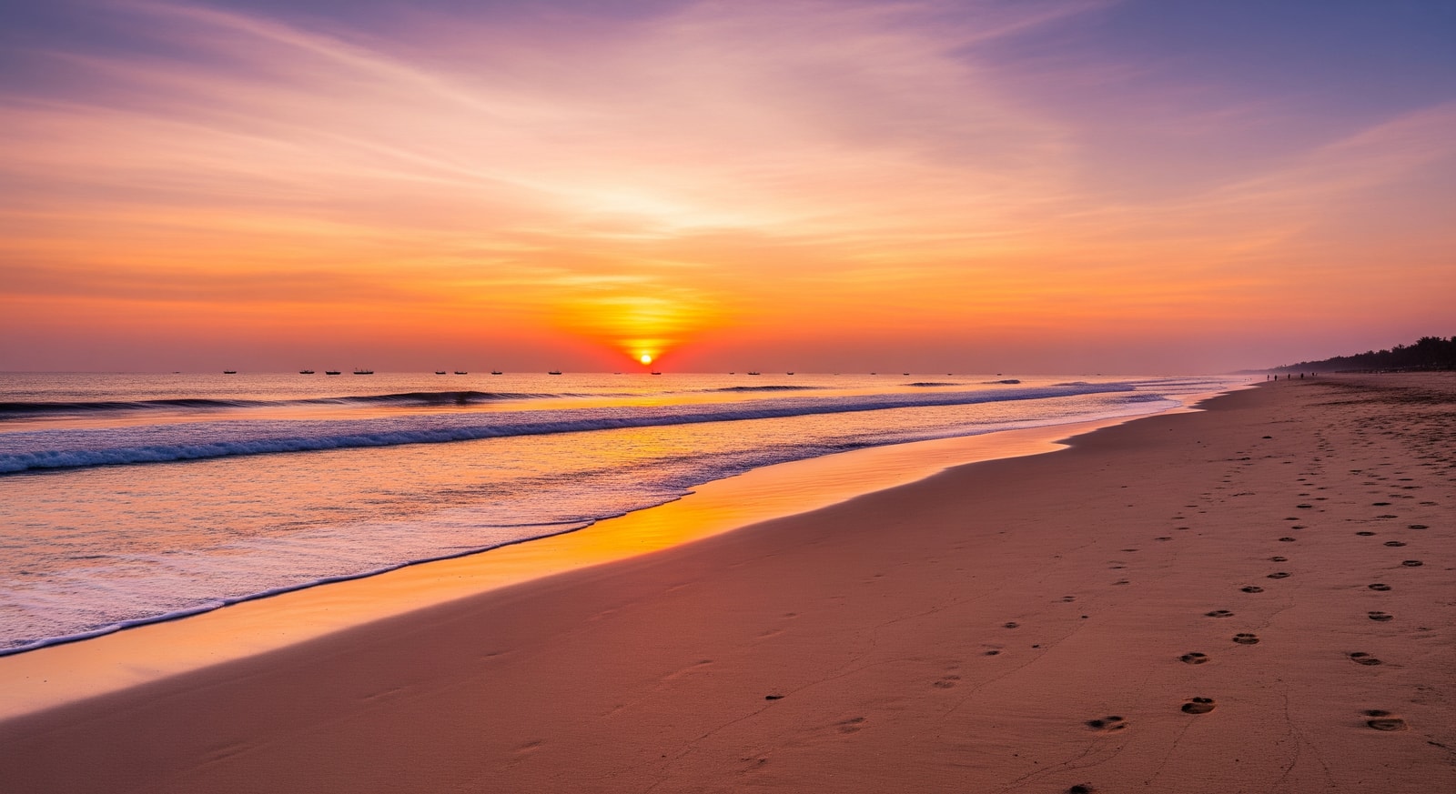 Panoramic view of Cox's Bazar beach at sunset with golden sand stretching along the Bay of Bengal coastline