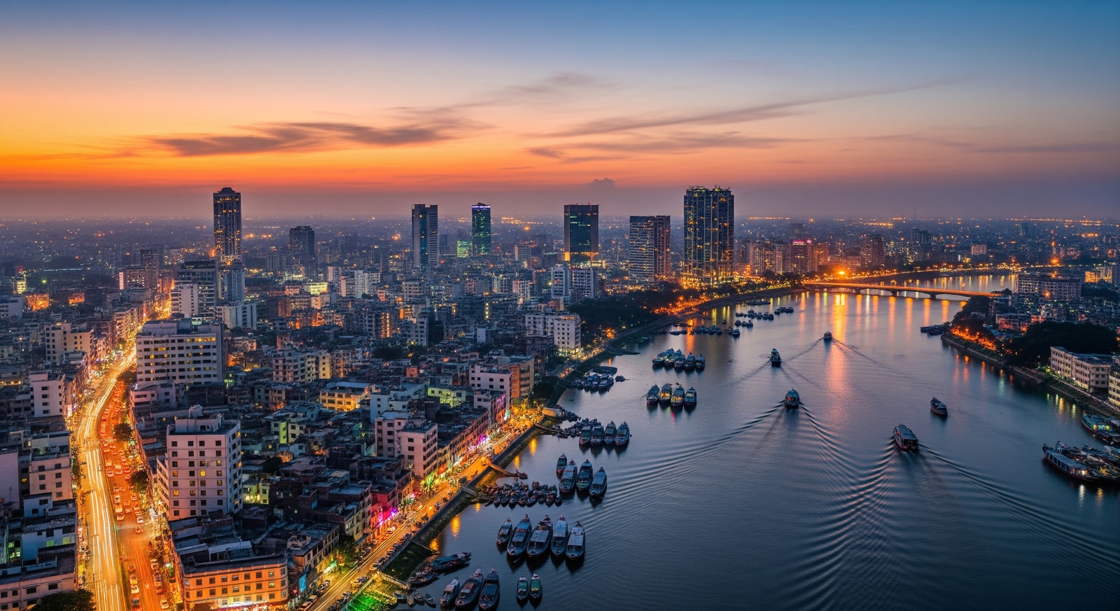 Aerial view of Dhaka city skyline with modern buildings and the Buriganga River flowing through the capital