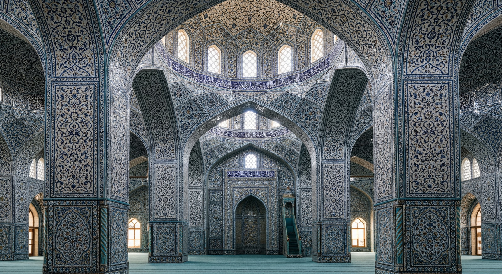 Interior of Star Mosque in Dhaka with intricate mosaic tile work featuring blue and white star patterns