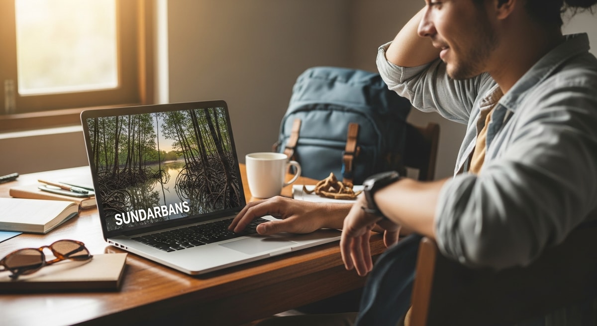 Traveler planning Bangladesh trip with laptop showing Sundarbans mangrove forest