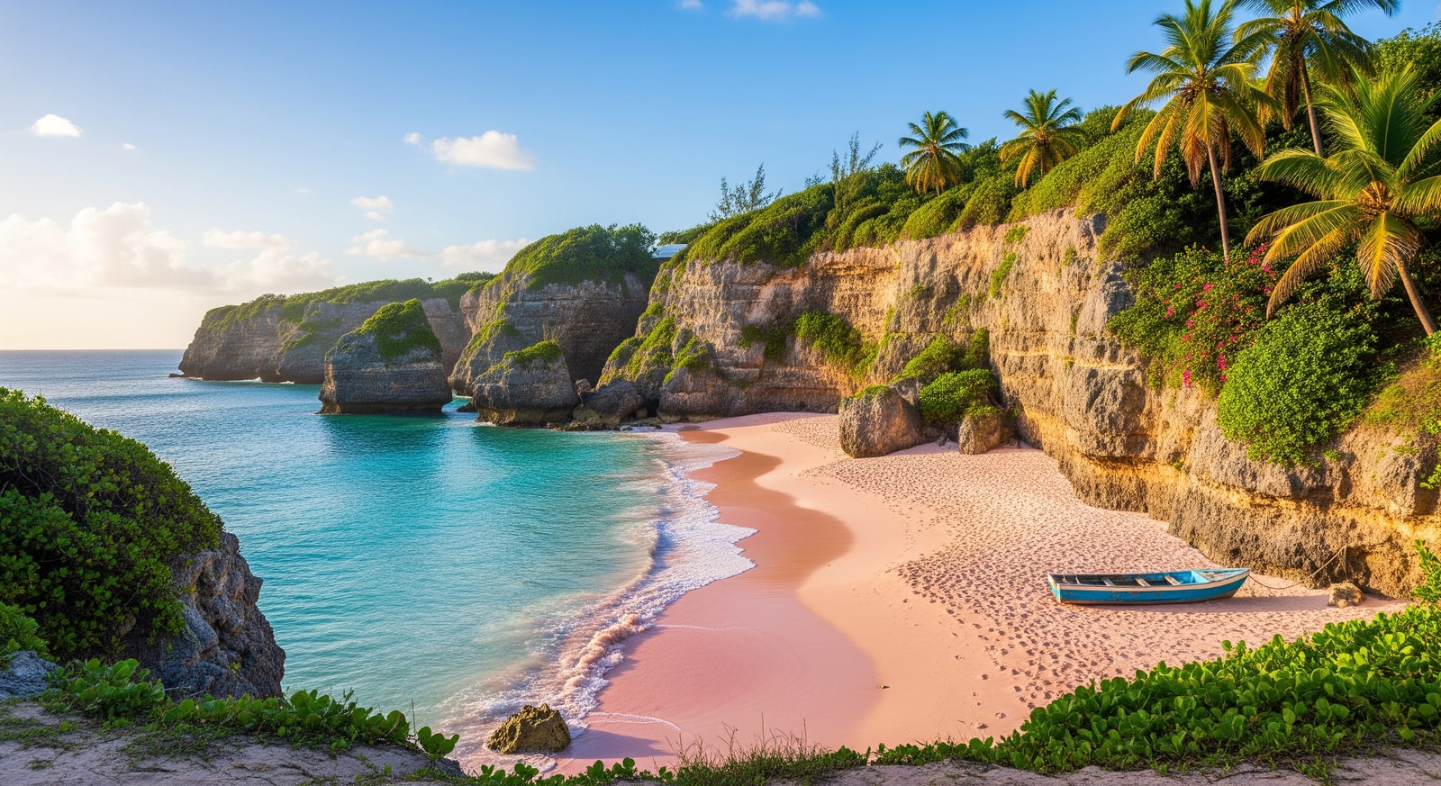 Stunning Crane Beach with pink sand and turquoise waters surrounded by limestone cliffs