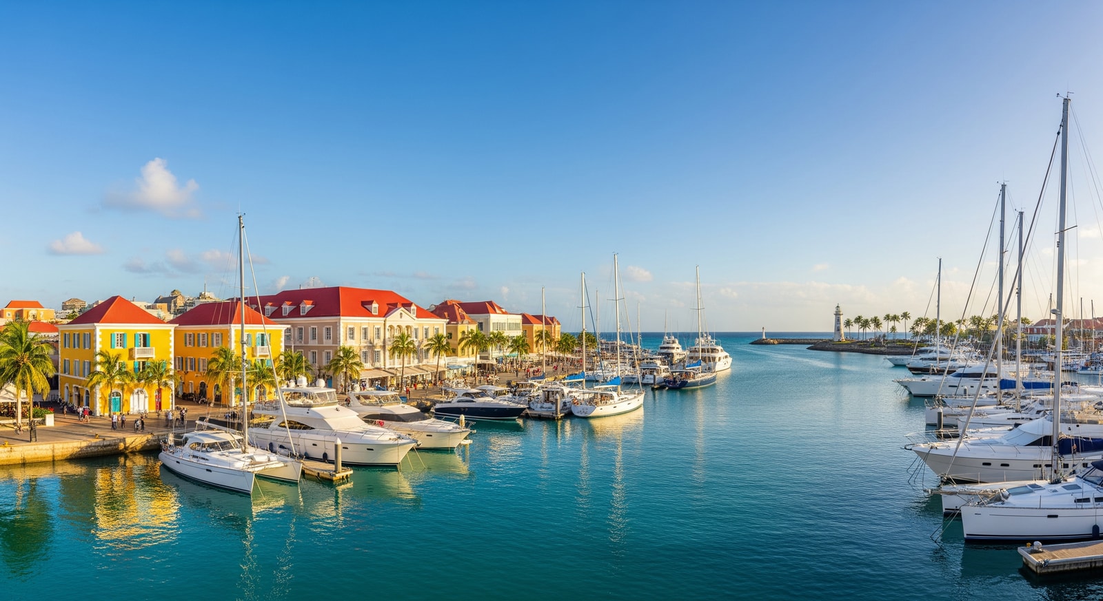 Historic Bridgetown waterfront with colorful colonial buildings and yacht harbor in Barbados