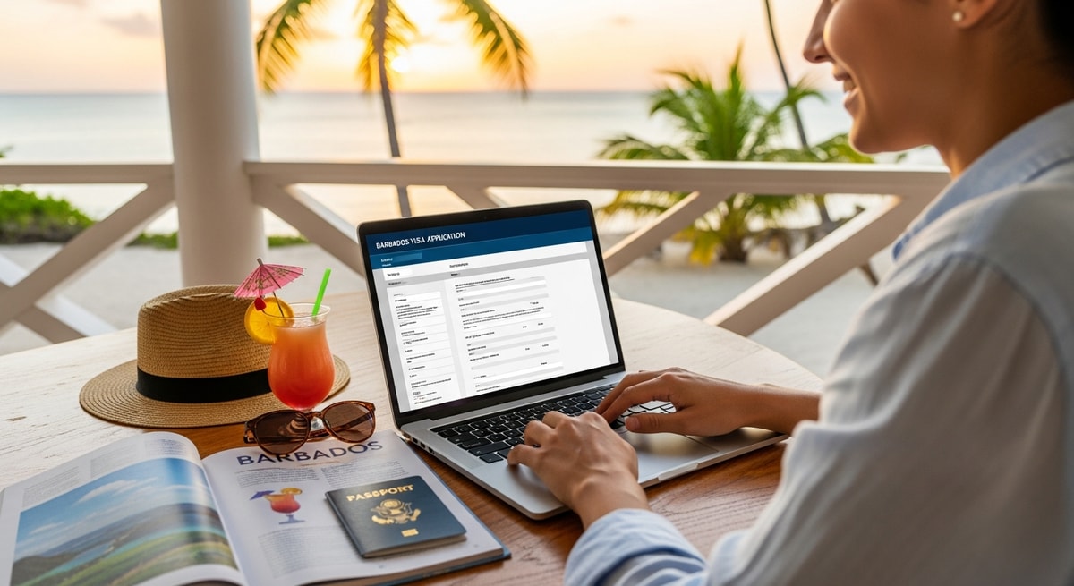 Happy traveler using laptop to apply for Barbados visa while planning Caribbean vacation