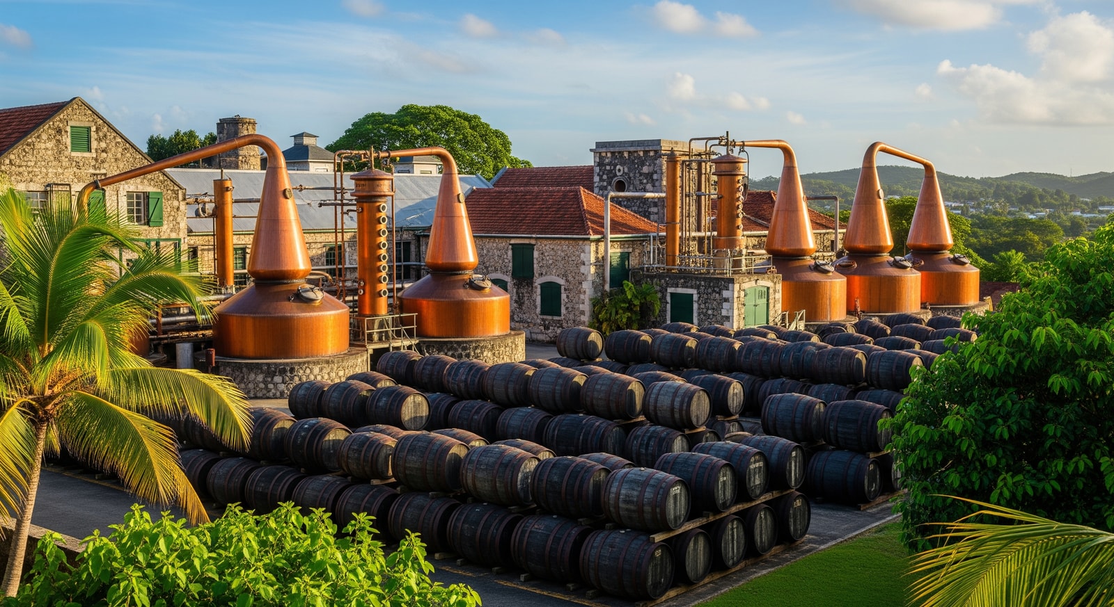 Historic Mount Gay Rum distillery with copper stills and aging barrels in Barbados