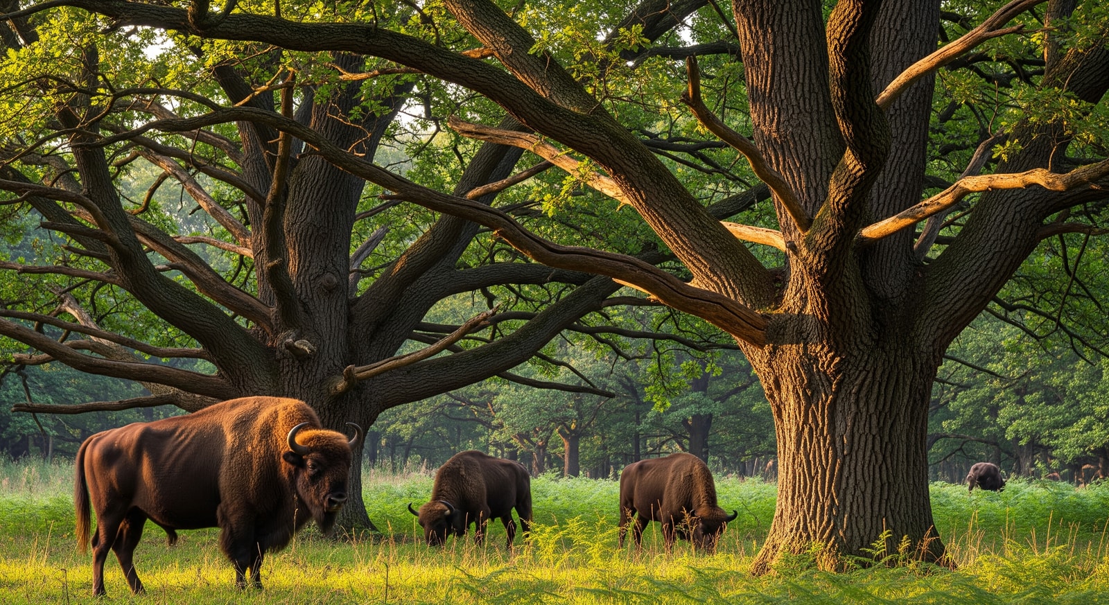 Ancient oak trees in Belovezhskaya Pushcha National Park with European bison grazing in a forest clearing